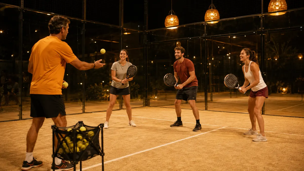 A beginners clinic: a coach in amber feeding balls to three smiling new players on sand-coloured turf under warm lanterns