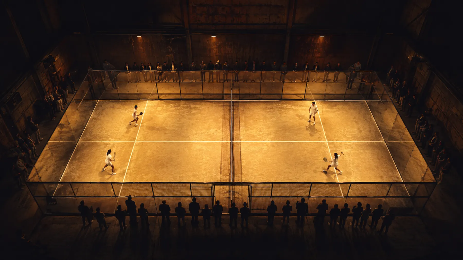 Rendering of a SAHRA match court from above: sand-coloured turf, bone-white lines, glass walls, spectators standing along the glass under warm light