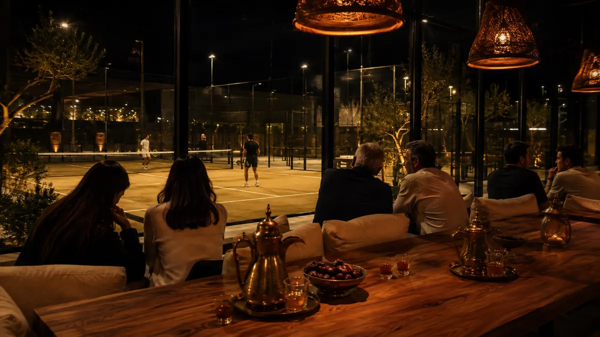 The clubhouse lounge at night: long walnut table with Arabic coffee, tea and dates, members watching a lit court through the glass