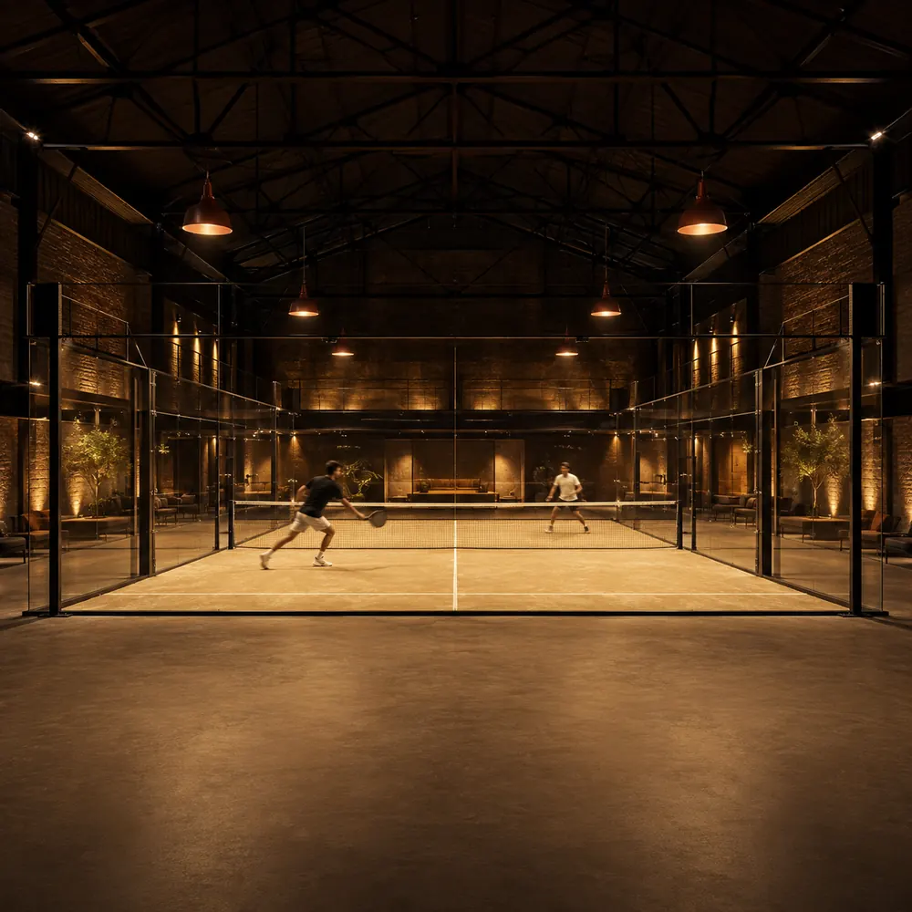 A lit panoramic court inside a converted warehouse, two players mid-rally, clay pendant lamps above